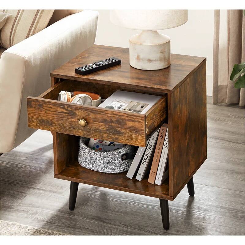 Solid Wood Nightstand with Drawer and Open Shelf
