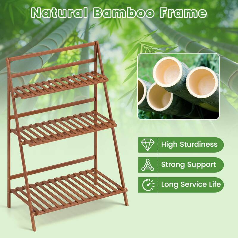 Costway 3 Tier Folding Shelf Stand Bamboo Flower Pot Display Rack - 27.5''x16''x38''(LxWxH)