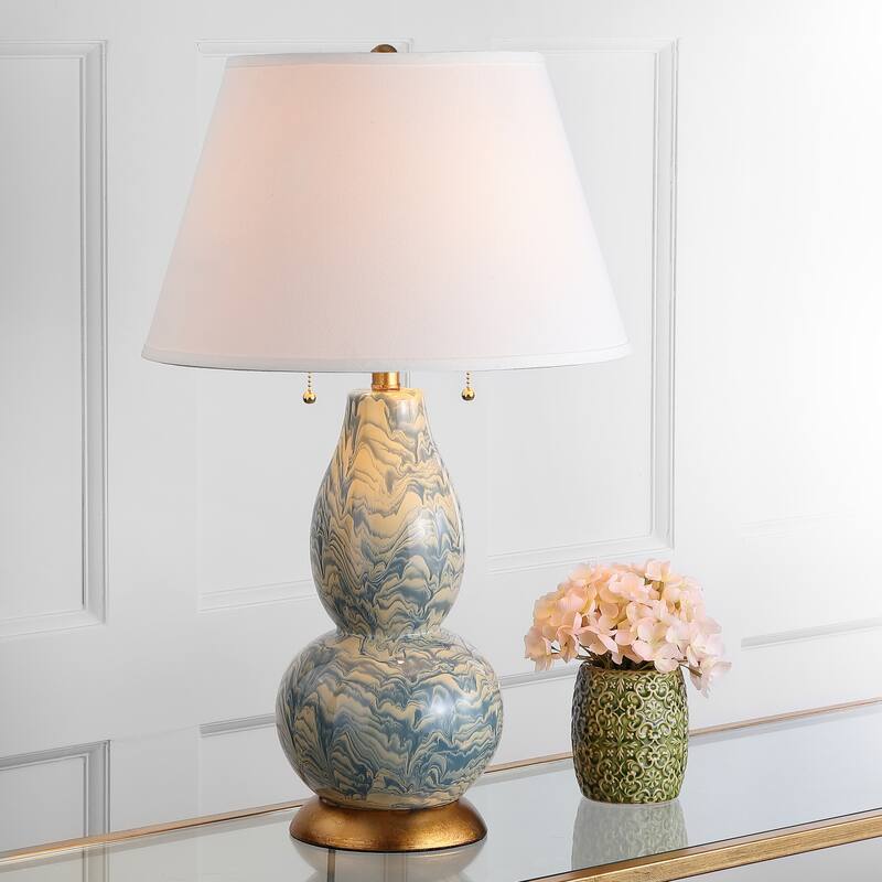 SAFAVIEH Lighting 29-inch Blue and White Color Swirls Glass Table Lamp (Set of 2) - 17"x17"x28"