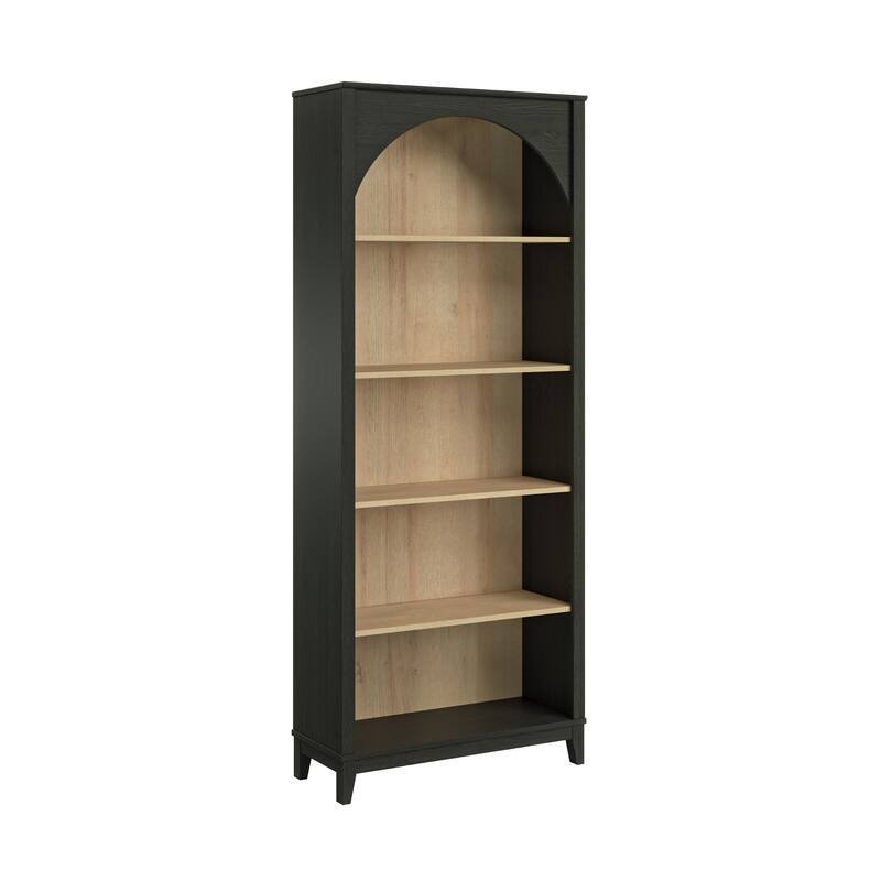 Prepac Ark 78" H 5-Tier Arched Bookcase, Modern Storage Accent Bookshelf with 3 Adjustable Shelves for Home Office, Living Room - Black Oak