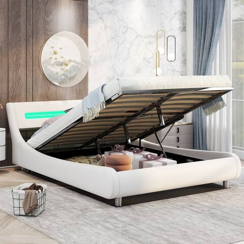 Full Low Profile Lift Up Storage Platform Bed with LED Headboard, Upholstered Bed with Hydraulic Lifting Under Bed Storage,White