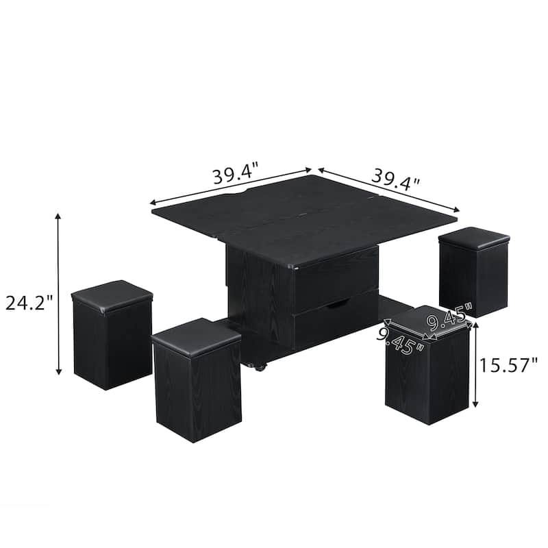 Multi-Functional Lift-Top Coffee Table with Hidden Storage and Drawer, Modern Center Table with 4 Storage Stools and Casters