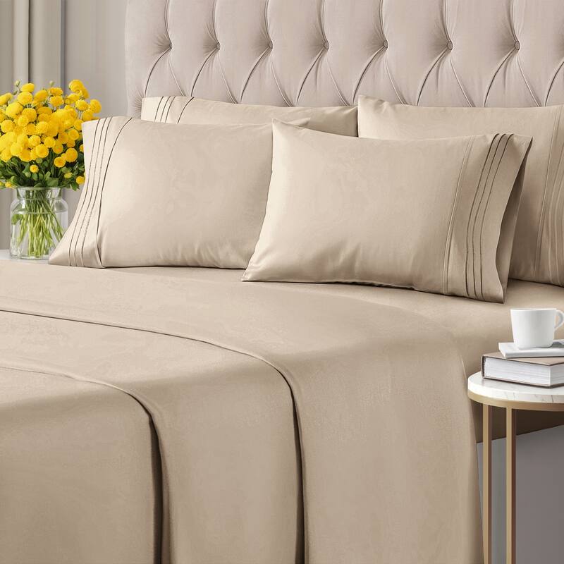 CGK Linens 6 Piece Solid Deep Pockets Microfiber, Easy-Fit Bed Sheet Set - Full - Cream