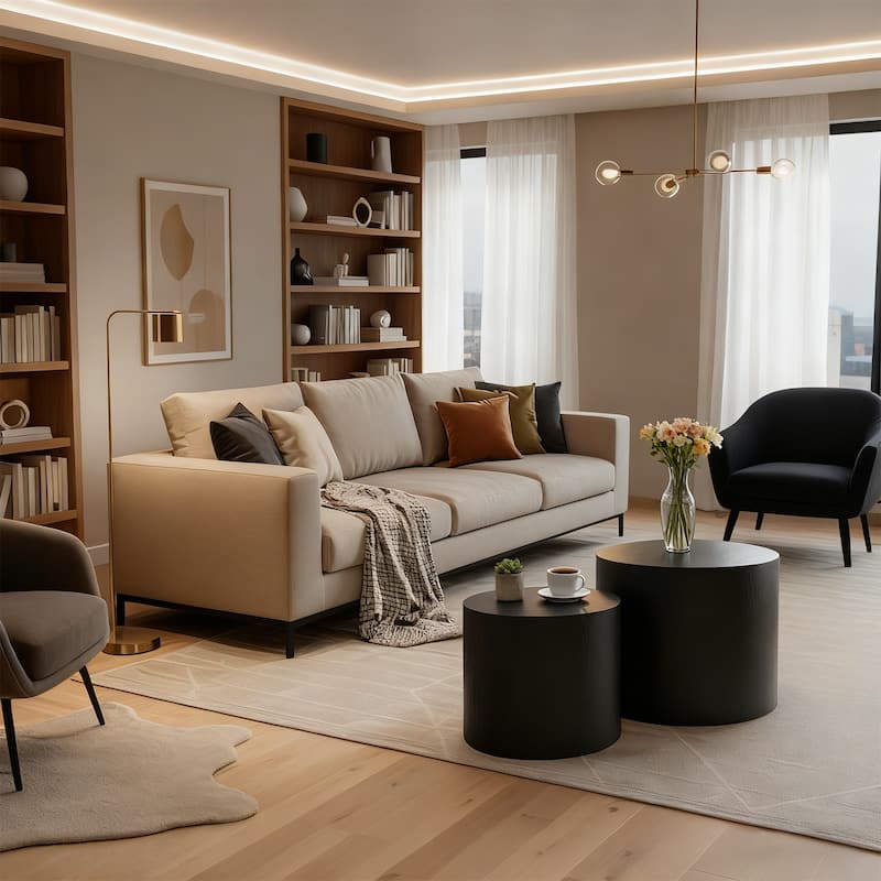 Nesting Coffee Table Set of 2, Modern Round Wooden Side Tables with Non-Slip Feet, Space-Saving Living Room Accent Tables