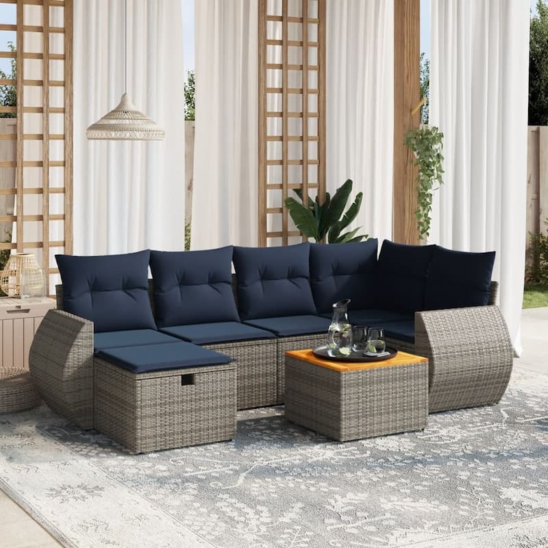vidaXL Patio Sofa Set with Cushions Outdoor Furniture 7 Piece Poly Rattan - Gray - 24.4" x 24.4" x 27.2"