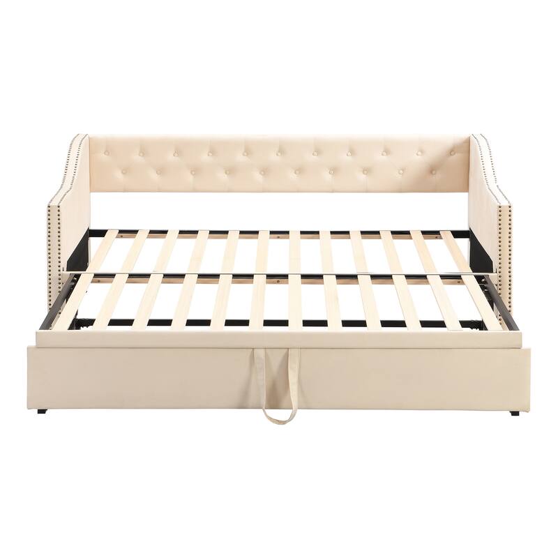 Twin Size Upholstered Daybed with Pop-Up Trundle, Expandable from Twin to King, Velvet with Armrests