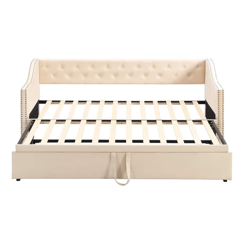 Twin Size Upholstered Daybed with Pop-Up Trundle in Beige