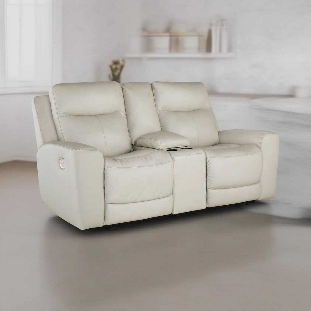 Minda Power Recliner Loveseat, Off White Real Leather, USB, 79 Inch