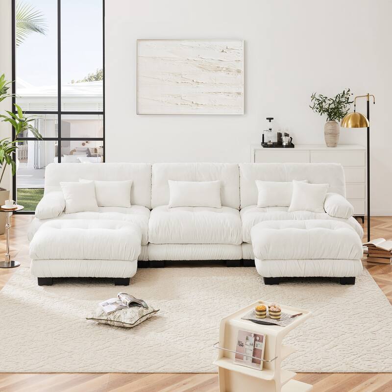 133.8" Chenille U-Shaped Cloud Sectional Sofa (3-Seater Modular) with 2 Ottomans