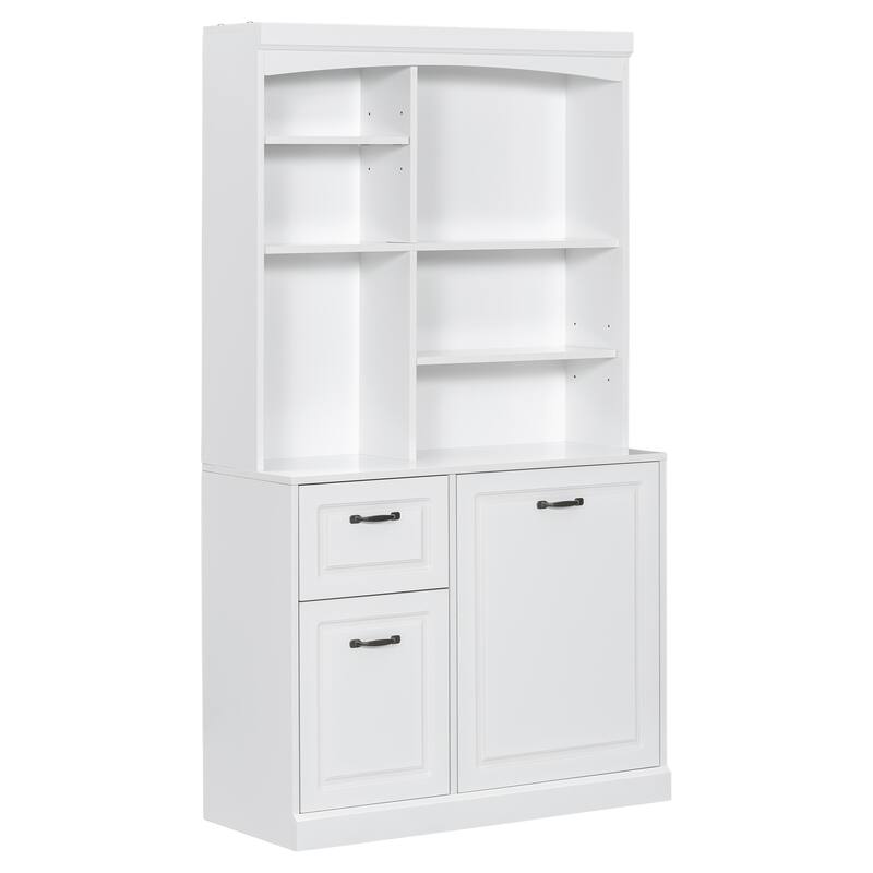 Modern Bathroom Cabinet, Freestanding Linen Tower with Slanted Storage Basket 2 Drawers and Adjustable Shelves, for Bathroom