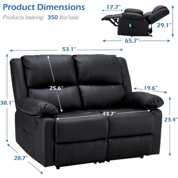 dimension image slide 2 of 3, AECOJOY 2-Seater Recliner Loveseat with Heat and Massage Function