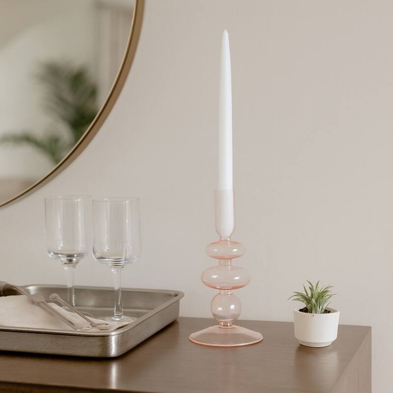 Sculptural Glass Candle Holder with Rounded Accent Base - Modern Tabletop Candle Holder for Any Room - 3" x 3" x 7" - Pink