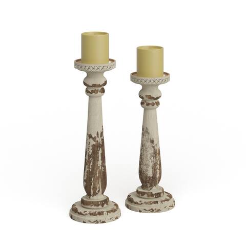 White Distressed Wood Farmhouse Vintage Turned Candle Holder (Set 2) - S/2 13", 15"H