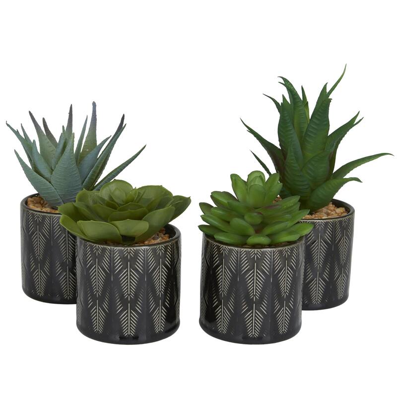 Faux Foliage Succulent Artificial Plant with Realistic Leaves and Patterned Pot - Set of 4 Green - Roche River Decor
