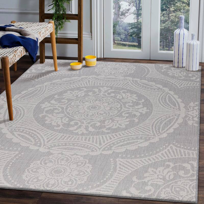 Beverly Rug Grey Medallion Indoor Outdoor Rug, Outside Carpet for Patio, Deck, Porch