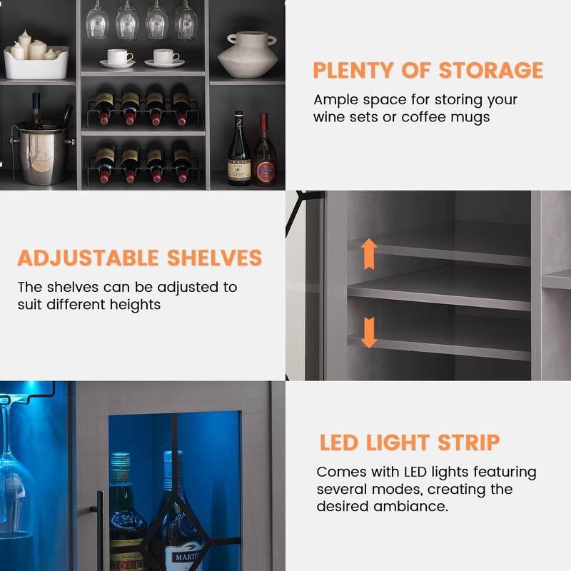 Wine Bar Cabinet with LED Light - 15.7"D x 47.2"W x 34.61"H