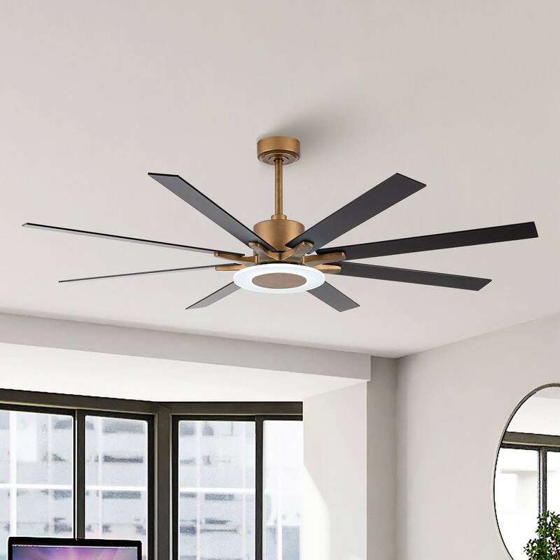 65" Antique Brass Plywood 8-Blade Windmill LED Ceiling Fan with Light and Remote