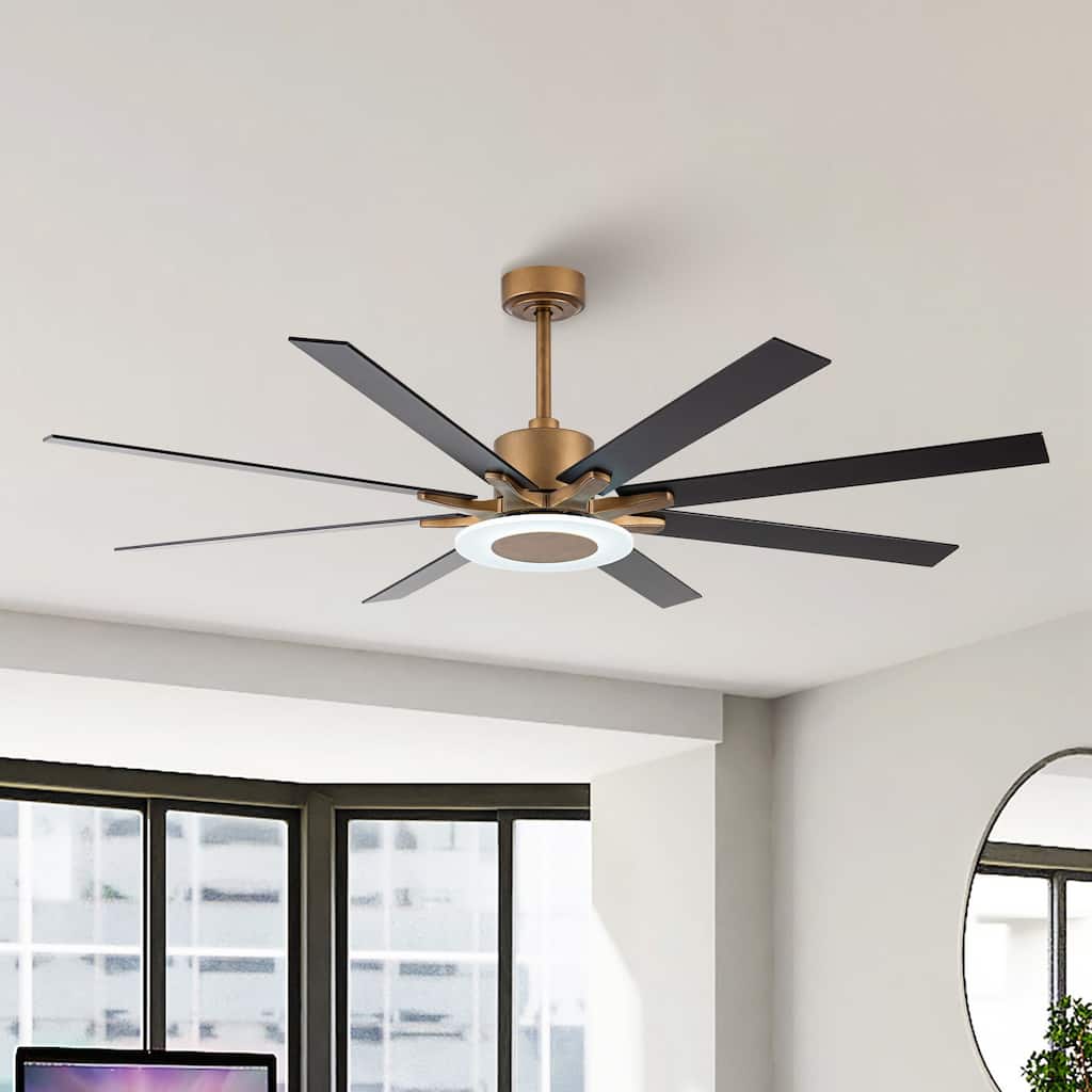 65" Antique Brass Plywood 8-Blade Windmill LED Ceiling Fan with Light and Remote