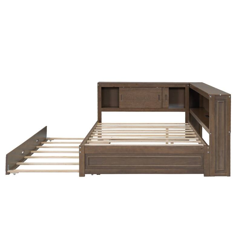 Full Size Wood Daybed with Storage Shelf and Charging Station, LED Lighting Platform Bed Frame with Twin Size Trundle