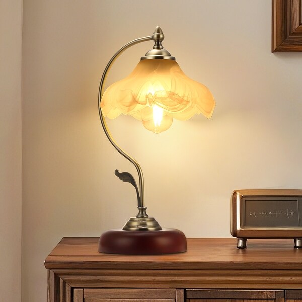 YANSUN Vintage Gold Bedside Desk Lamp with Flower Shade