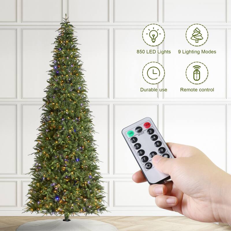 Glitzhome 11ft Pre-Lit Green Slim Fir Artificial Christmas Tree with 850 LEDs & 9 Light-Modes