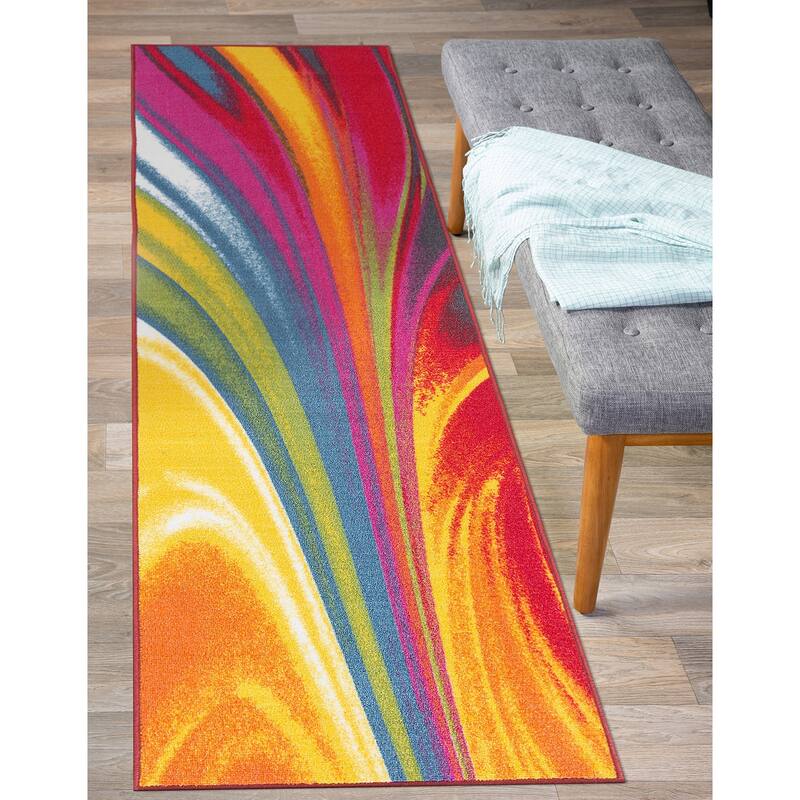 World Rug Gallery Modern Contemporary Waves Multicolored Non-slip Non-skid Area Rug - 2' x 10' Runner - Multi