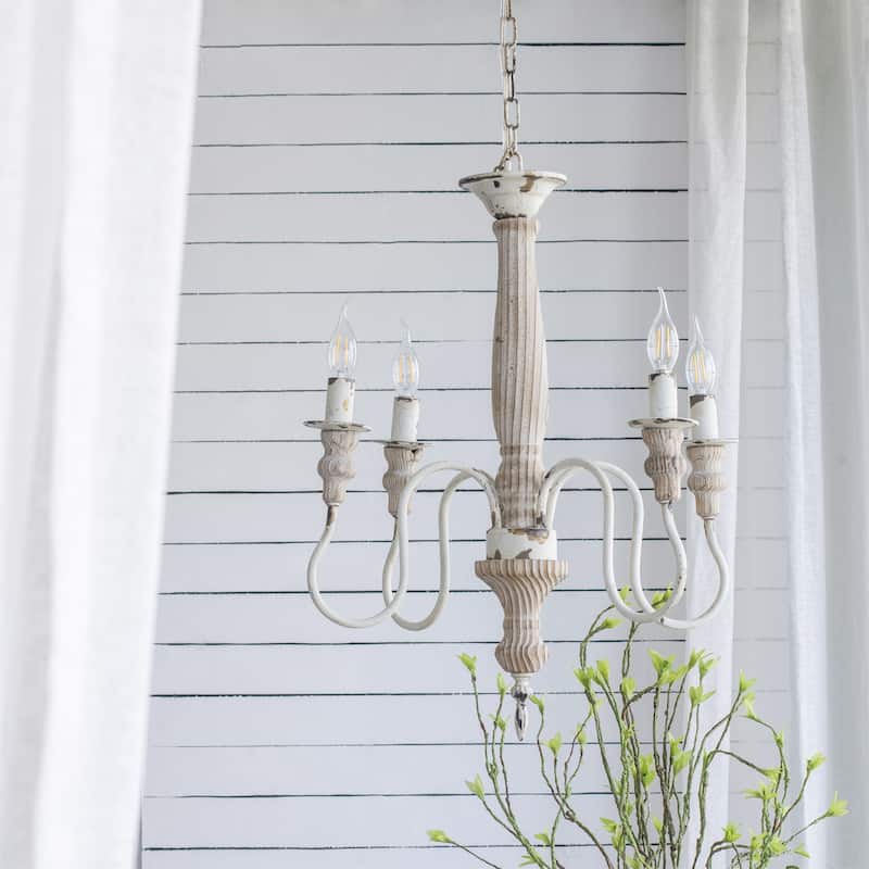 4 Light Wood Chandelier (Bulb Not Included) - Cream White