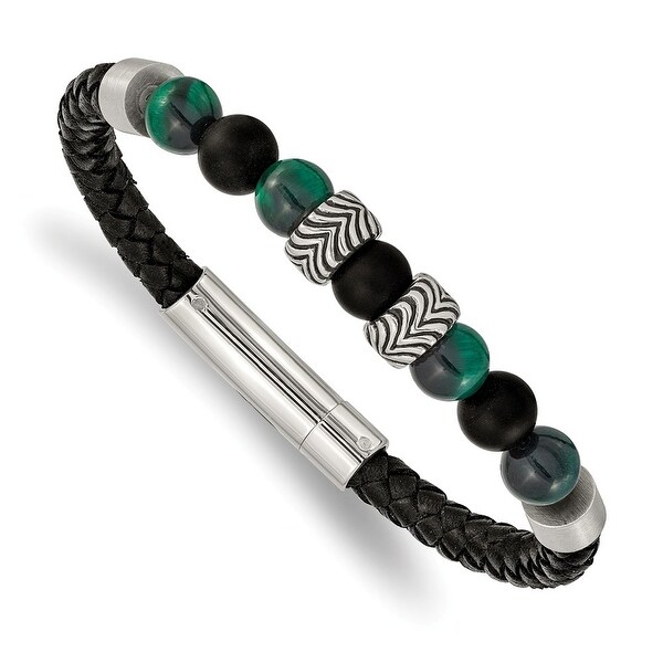Chisel Stainless Steel Polished with Black Agate and Green Tiger's Eye Leather Bracelet. Opens flyout.