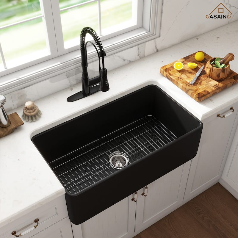 Premium Fireclay Farmhouse/Apron-Front Single Bowl Kitchen Sink with 3-Function Pull-Down Kitchen Faucet Combo