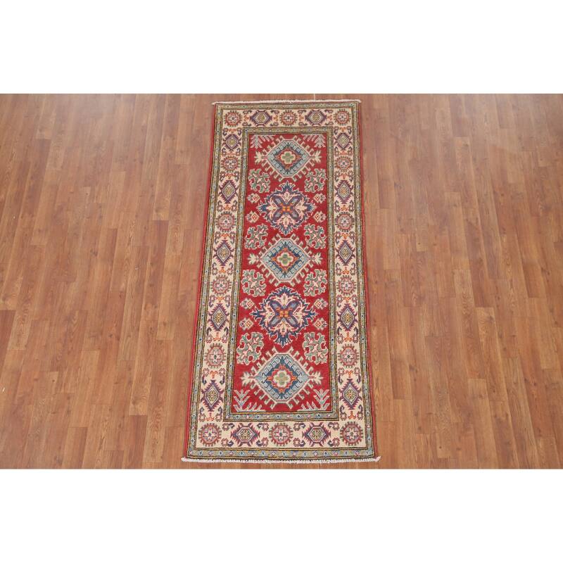 Hand Knotted Oriental 100% Wool Carpet Traditional Geometric Red Kazak Area Rug - 6' 5'' X 2' 8''