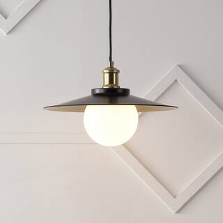 JONATHAN Y Helix 14.5" 1-Light Scandinavian Farmhouse Iron/Frosted Glass LED Pendant, Oil Rubbed Bronze/Brass Gold