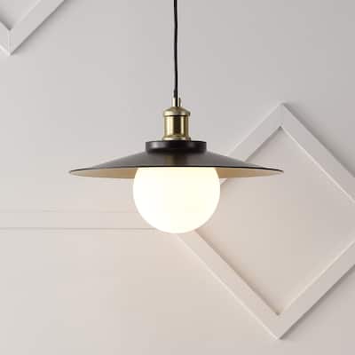 Helix 14.5" 1-Light Scandinavian Farmhouse Iron/Frosted Glass LED Pendant, Oil Rubbed Bronze/Brass Gold by JONATHAN Y
