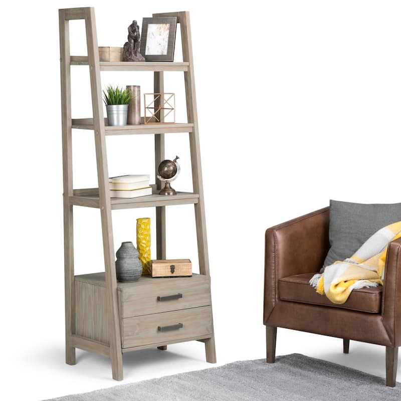 WYNDENHALL Hawkins SOLID WOOD 72 inch x 24 inch Modern Industrial Ladder Shelf with Storage - 24"w x 20"d x 72"h