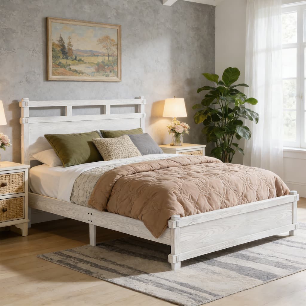 Christopher Knight Home - Farmhouse Platform Bed Frame with 2-Tier Headboard & Solid Wood Slat Support, No Box Spring Required