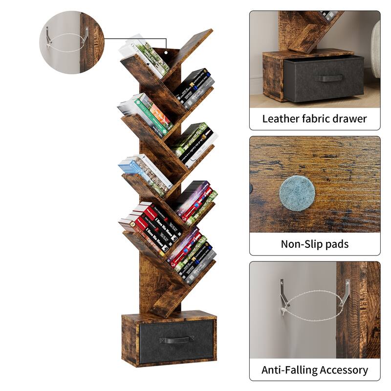 9 Tier Tree Bookshelf with Drawer Bookcase, Modern Book Storage, Free Standing Tree Bookcase, Utility Organizer Shelves