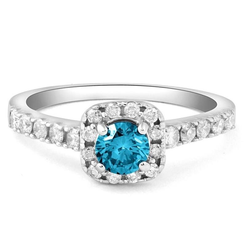 1Ct Blue Diamond Cushion Halo Engagement Ring in White Gold