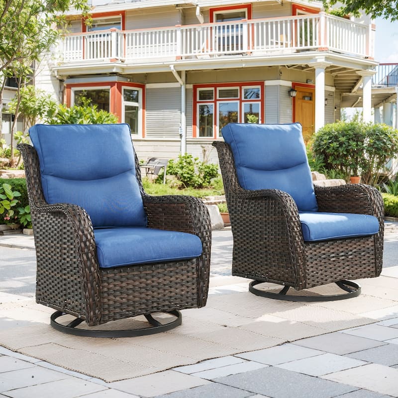 Swivel Patio Wicker Chairs Set of 2- Blue cushion - Brown - Blue - Brown