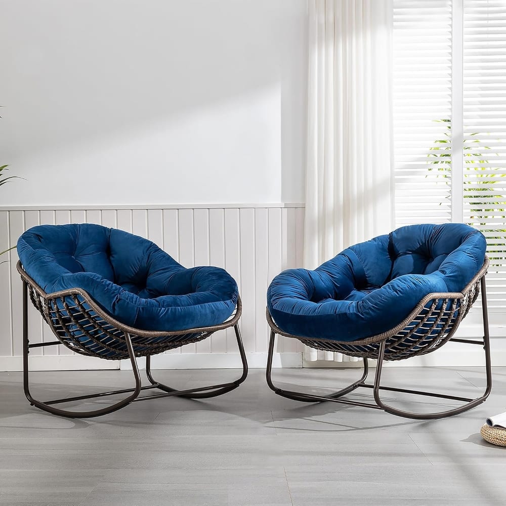 Outdoor Rattan Rocker Recliner Chair With Polyester Padded Cushion （set of 2）