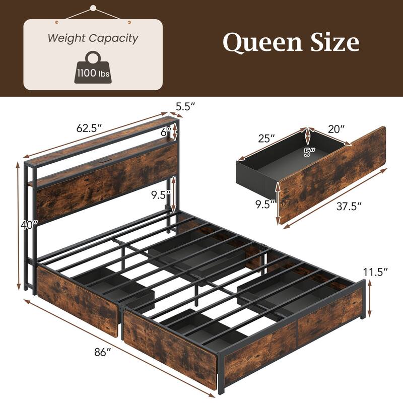 Gymax Queen Size LED Bed Frame w/2-Tier Storage Headboard & 4 Drawers