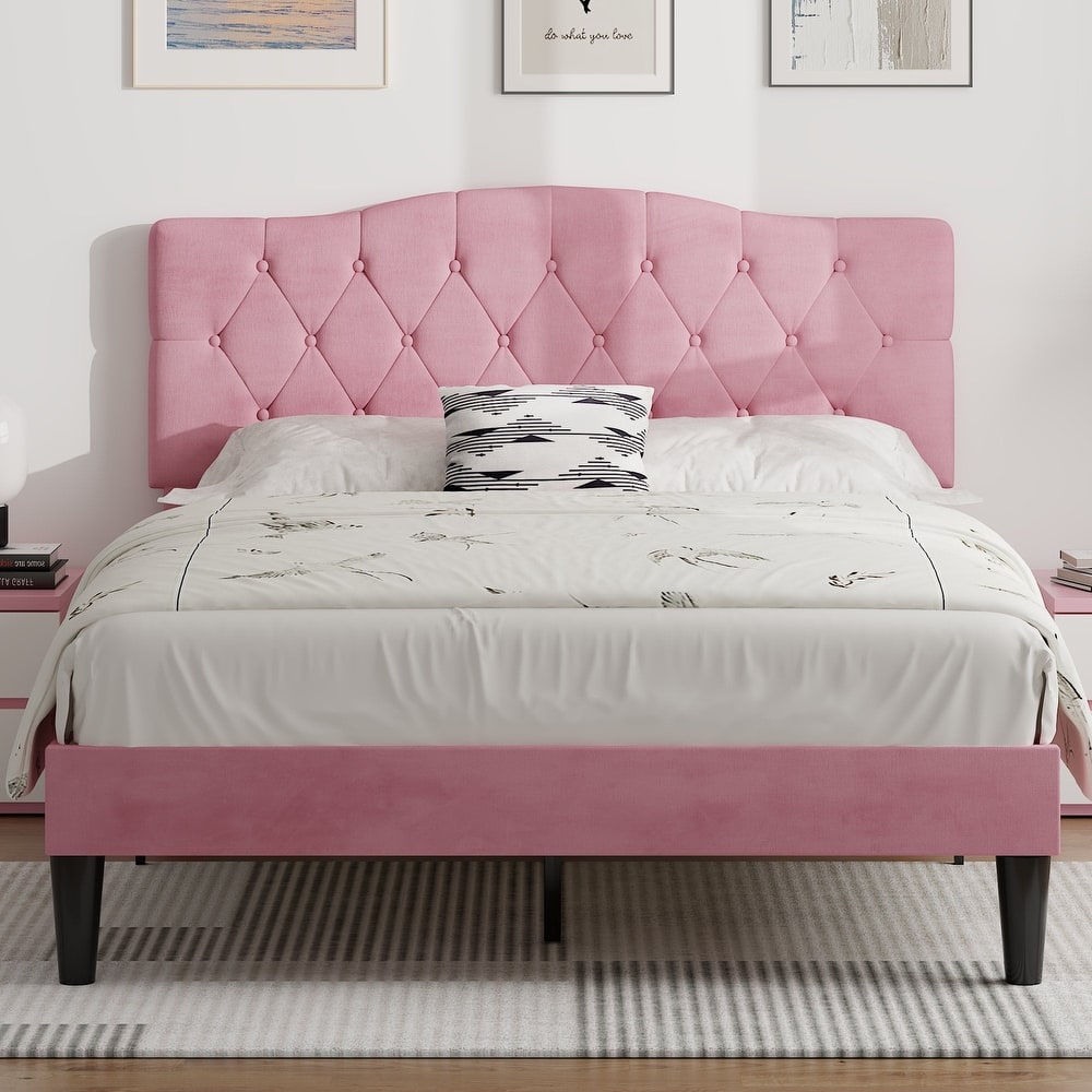 VECELO Tufted Upholstered Bed Frames With Adjustable Headboard