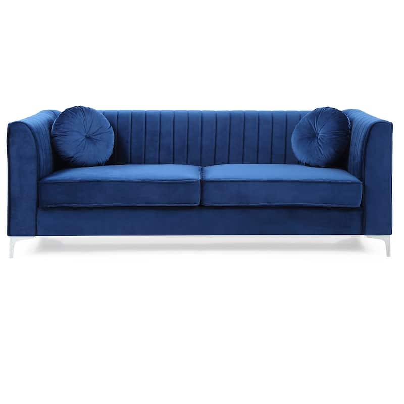 Channel Tufted Velvet 2-Seater Sofa with Throw Pillows - 87" - Blue