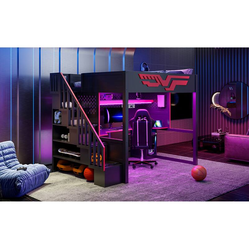 Roomfitters Full Size Gaming Loft Bed with Integrated Desk and Storage Stairs, Heavy Duty Metal Frame, Red and Black