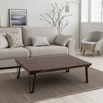 Ally Cocktail Coffee Table, Gold Metal, Walnut Brown Parota 47 Inch