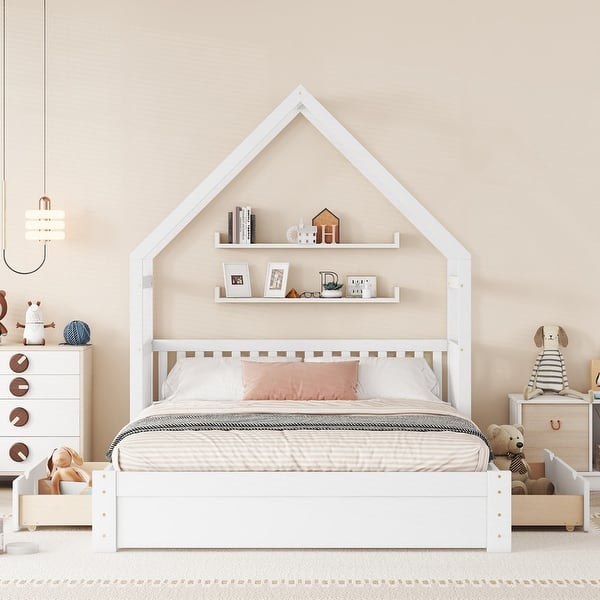 dimension image slide 1 of 3, Wood Queen Size House Bed, Kids Platform Bed Frame with Guardrail Headboard, Modern Storage Bed with 2 Drawers