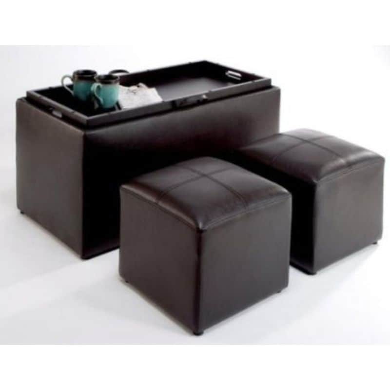 Faux Leather Storage Bench Coffee Table With 2 Side Ottomans Pictured Overstock 29756216