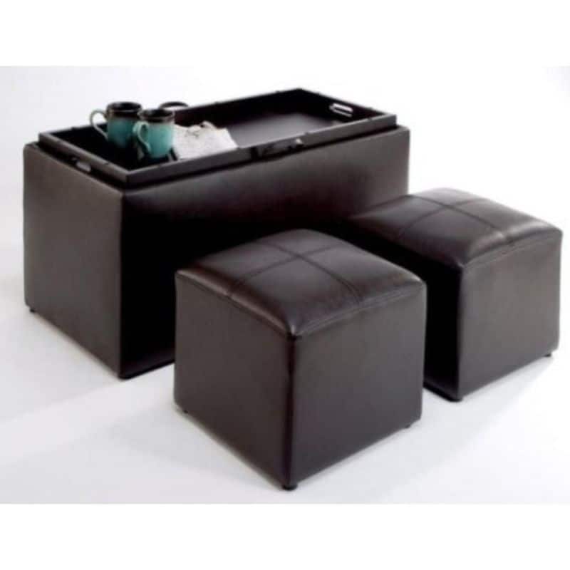 Faux Leather Storage Bench Coffee Table with 2 Side Ottomans - 17.8 x 35.2 x 17.8 inches