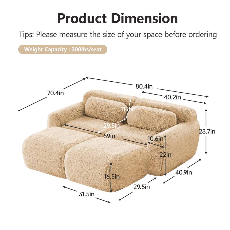 Roomfitters 80" Soft Plush Boneless Sofa with Chaise, No Assembly 32D Sponge Couch