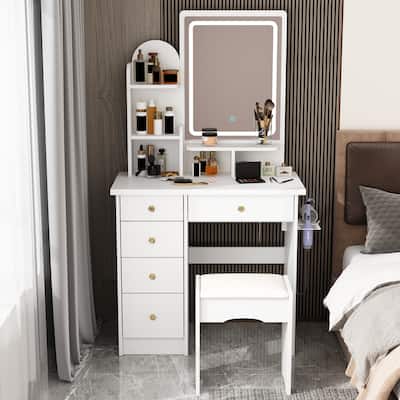 Modern Vanity Desk with Adjustable Mirror Lights and Hair Dryer Shelf