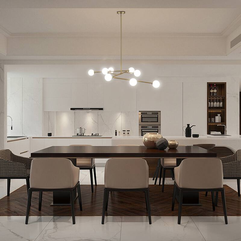 8-Light Mid - Century Modern Brass Sputnik Chandelier with Frosted Glass Globes