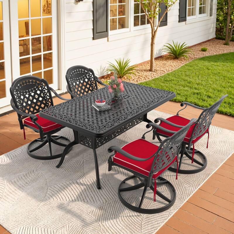 5-Piece Aluminum Rectangular Outdoor Patio Dining Set, 4 Cushioned Swivel Chairs, Table, All-Weather Frames